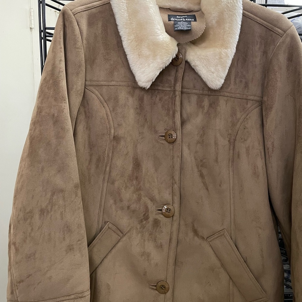 Dennis Basso suede winter coat with faux fur collar and sleeves size xl brown